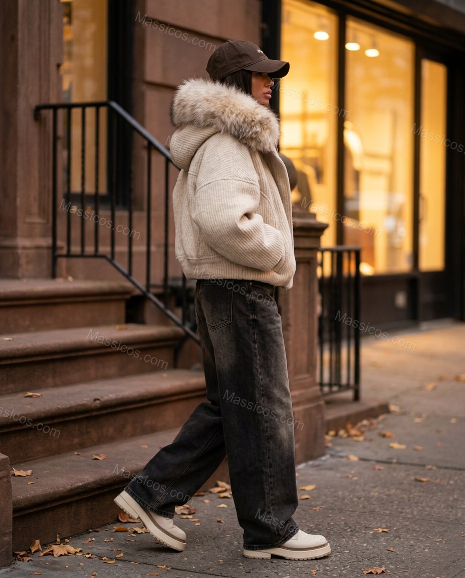 Light Beige Faux-Fur Jacket, movement and fit lifestyle view, by Massicos