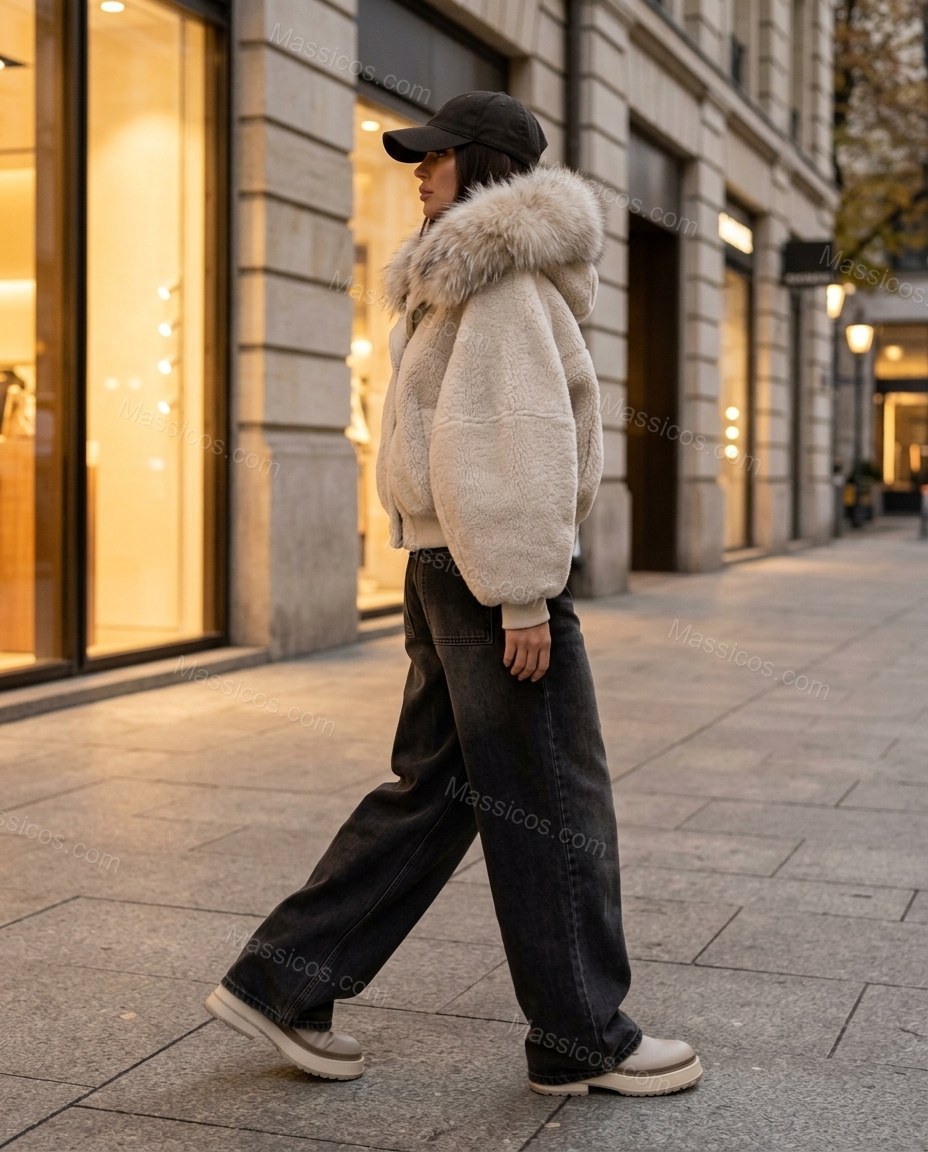 Light Beige Faux-Fur Jacket, walking lifestyle view, by Massicos