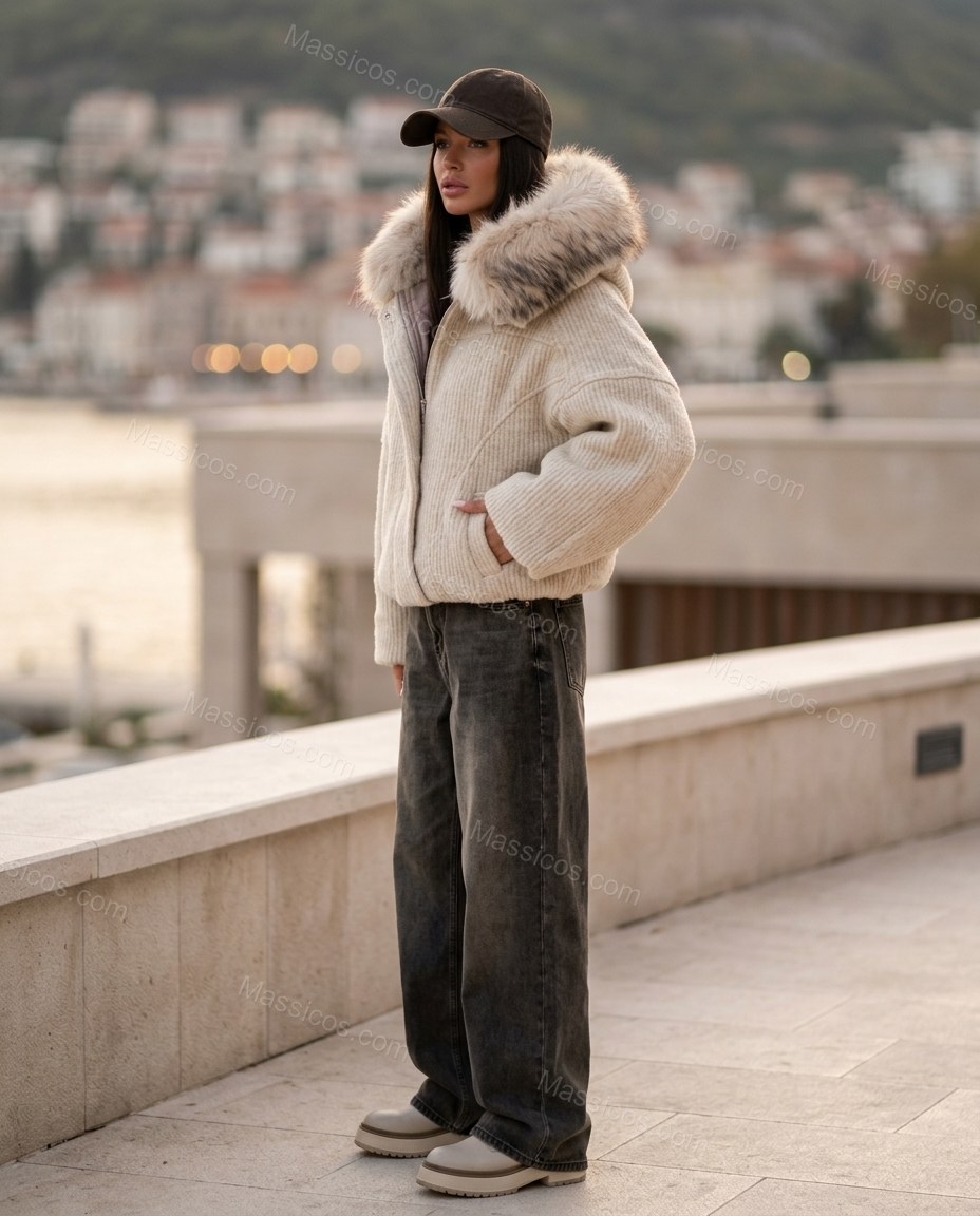 Light Beige Faux-Fur Jacket, three-quarter brand lifestyle view, by Massicos