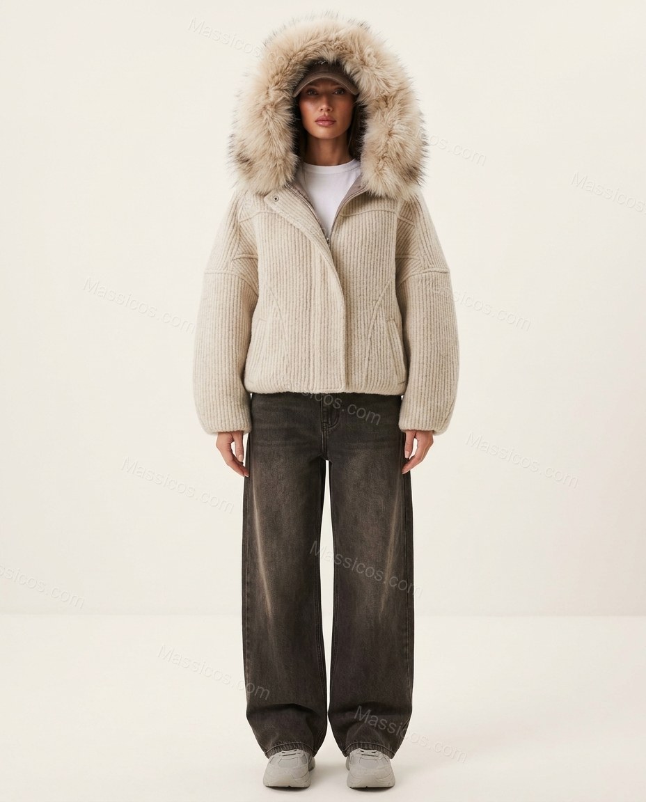 Light Beige Faux-Fur Jacket, front studio view, by Massicos