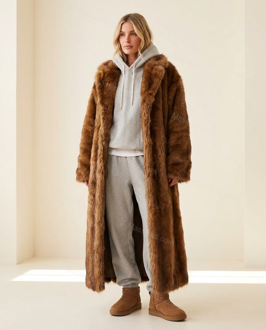 Brown Faux-Fur Coat, full-length hero view, by Massicos