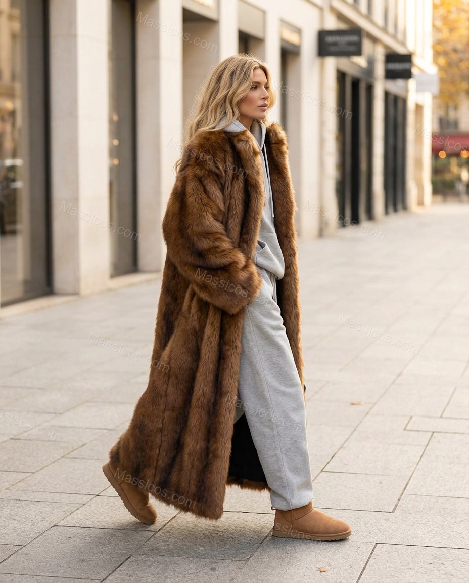 Brown Faux-Fur Coat, movement and fit lifestyle view, by Massicos