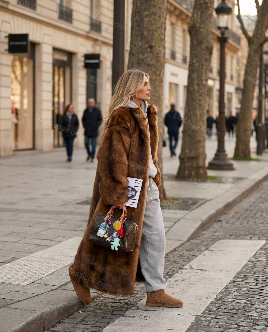 Brown Faux-Fur Coat, walking lifestyle view, by Massicos