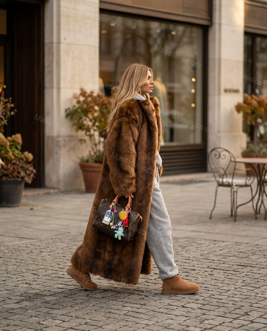 Brown Faux-Fur Coat, three-quarter brand lifestyle view, by Massicos