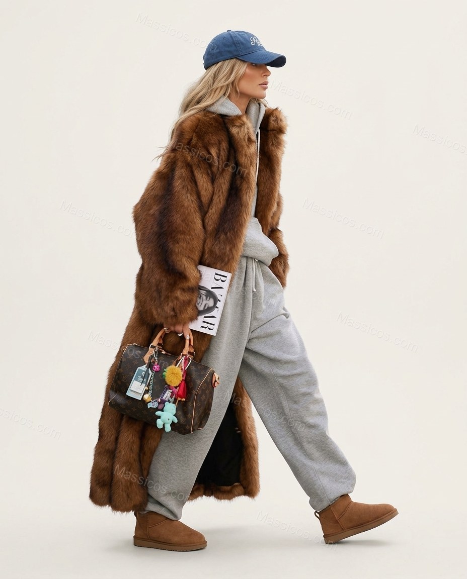 Brown Faux-Fur Coat, side and back studio view, by Massicos