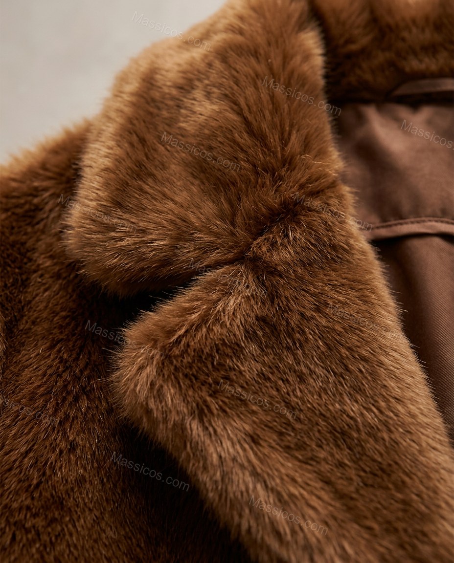 Brown Faux-Fur Coat, close-up of plush long-pile texture, wide collar and full-length hem, by Massicos