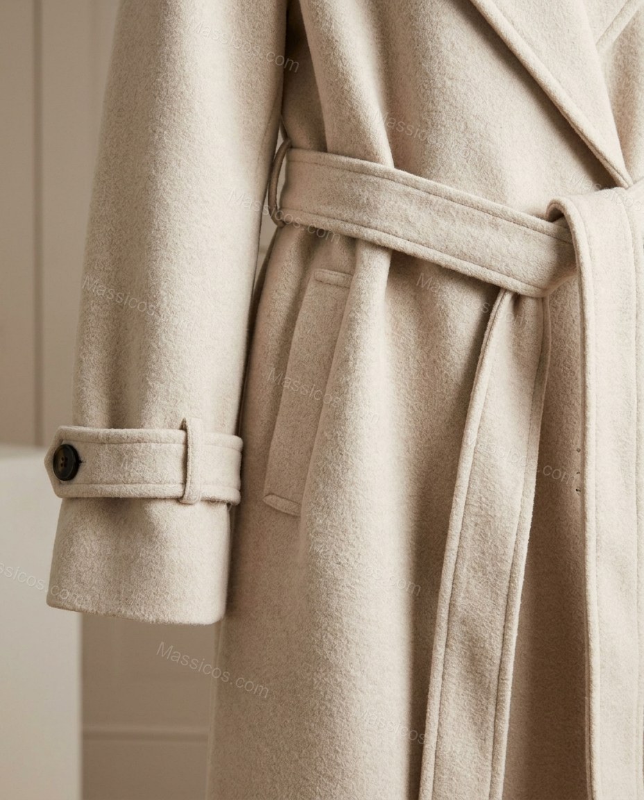 Cream Coat, close-up of double-breasted button front, self-tie waist belt and notched lapels, by Massicos