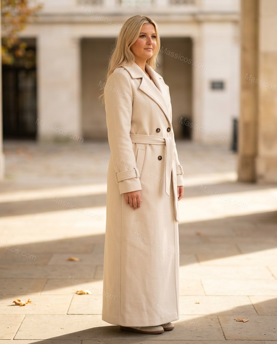 Cream Coat, walking lifestyle view, by Massicos